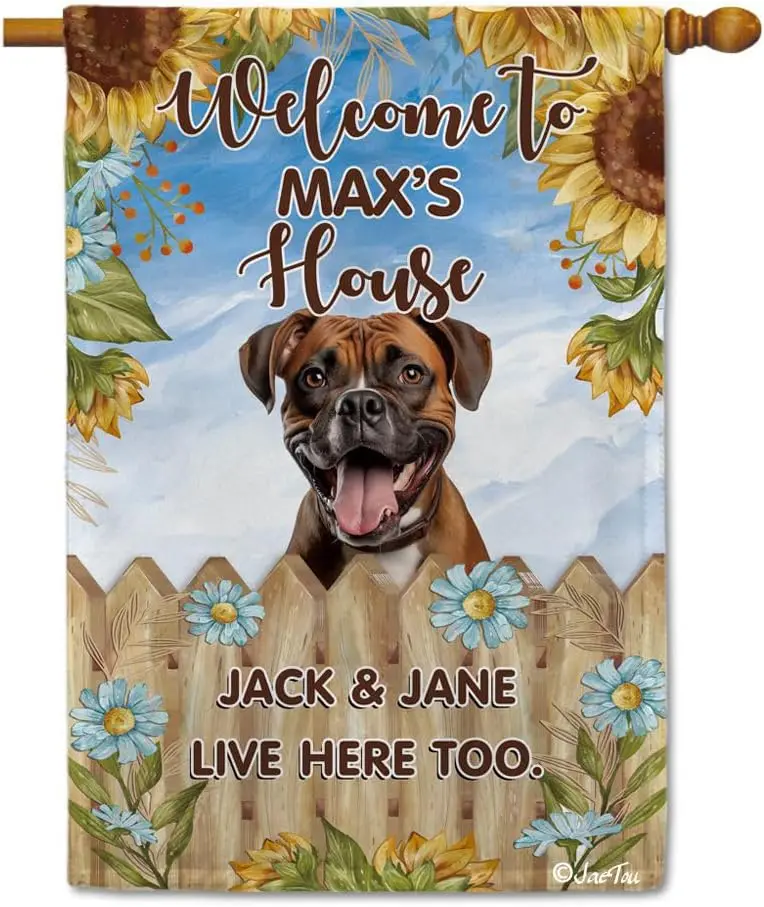 Boxer Dog with Sunflowers Garden Flag Welcome to Dog's House Customized Banner, 28x40 Inches WWP zzo