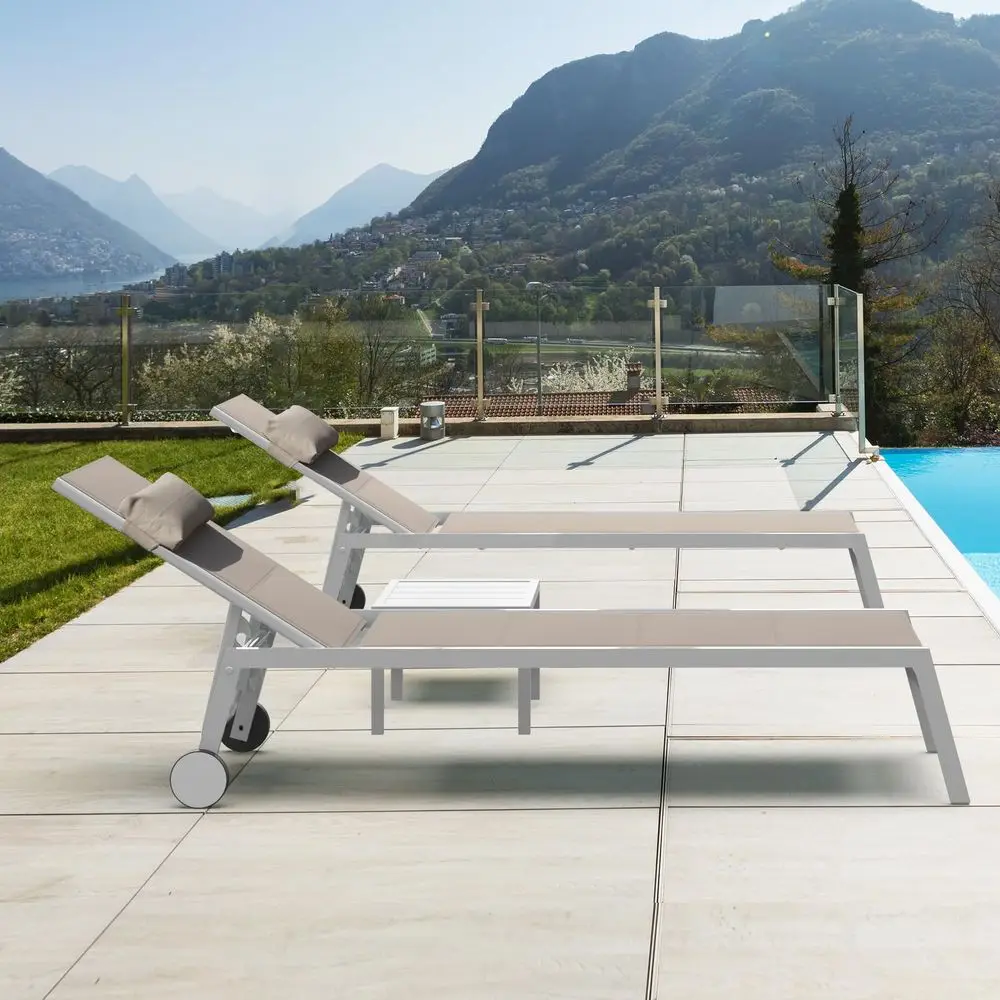 

Patio Chaise Lounge Set of 2 with Side Table, Adjustable Full Aluminum Pool Lounge Chairs with Wheels, Padded Sunbathing Lounge