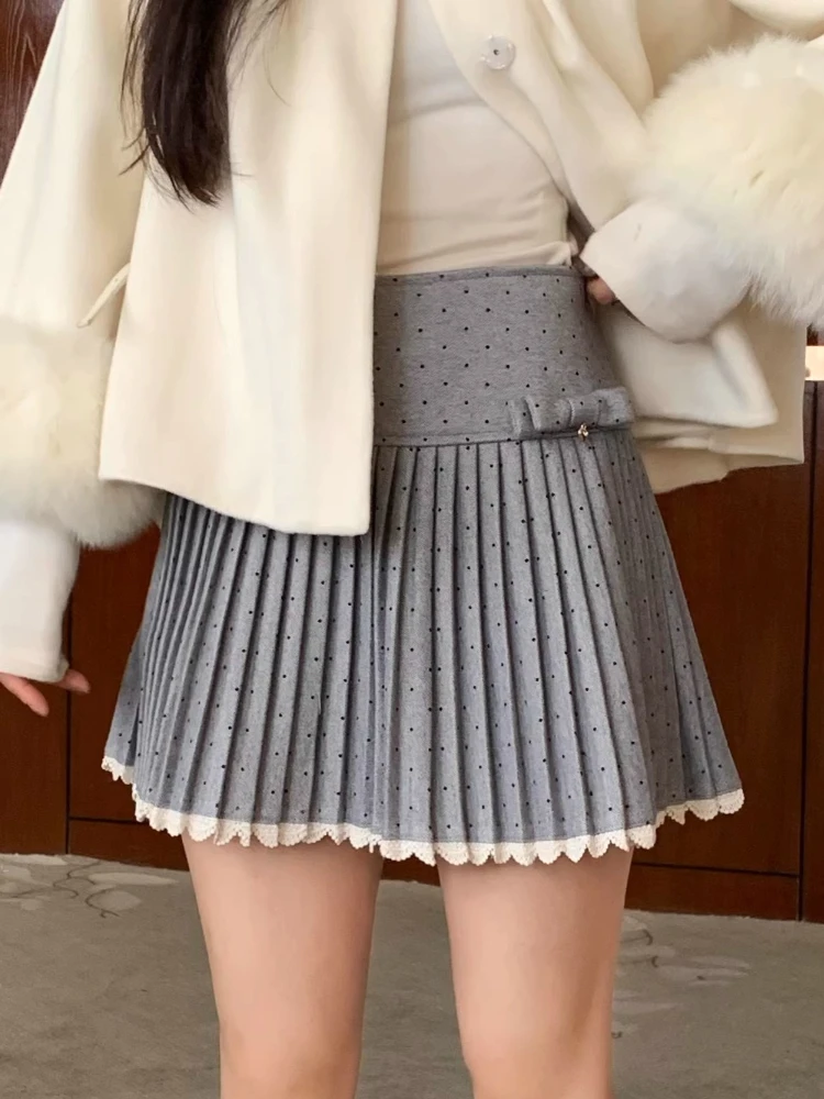 Japanse Kawaii Polka Dot Mini Rok Vrouwen Leuke Boog Kant Patchwork Geplooide Rokken Harajuku Mode Een Lijn Koreaanse Populaire Kleding