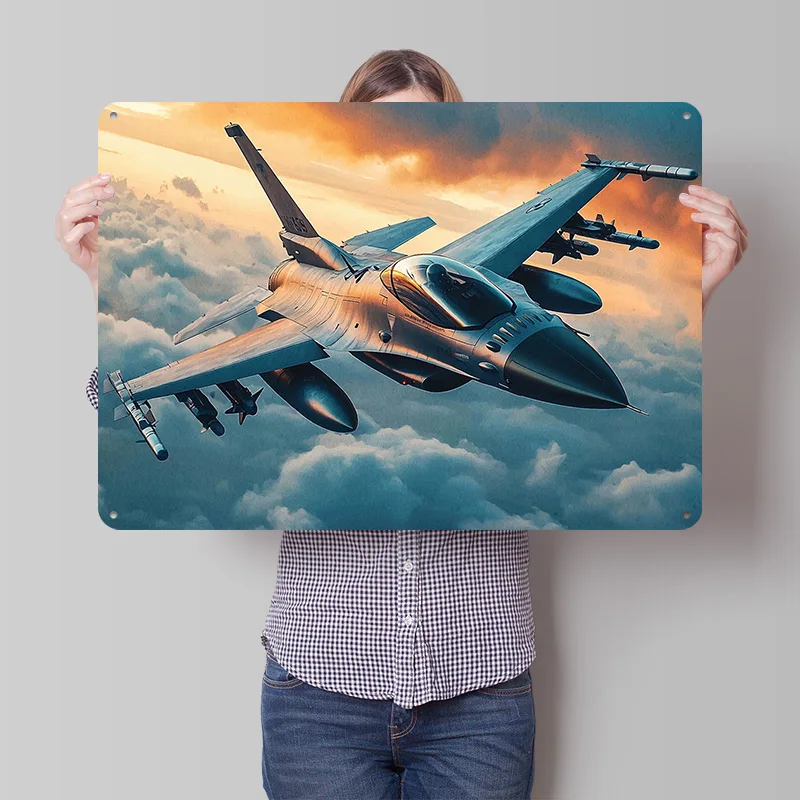 F-16 Fighter Jet in Flight Metal Poster Perfect Gift for Fans Lovers Personalized Wall Art Metal Sign for Office Decor Room Home
