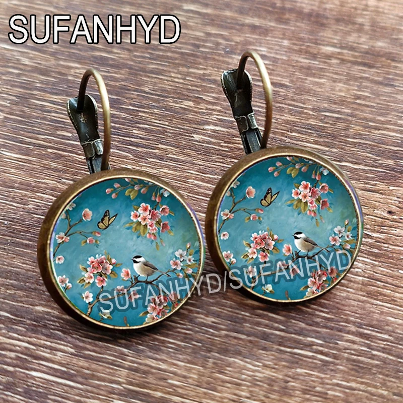 Vintage Van Gogh Painting Stud Earrings Glass Cabochon Art Design Flower and Tree Earring for Girls Fashion Jewelry Gift