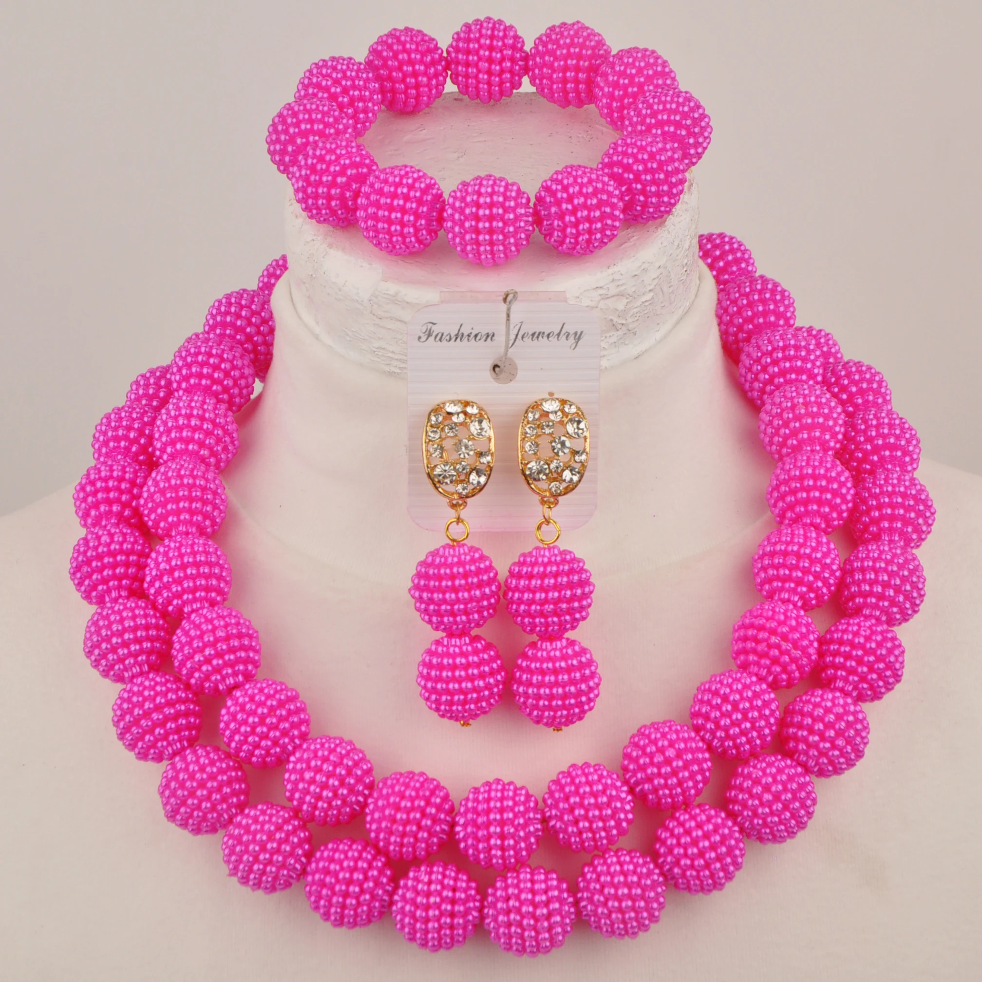 Nigerian necklace imitation pearl jewelry wedding traditional Fuchsia Pink jewelry set