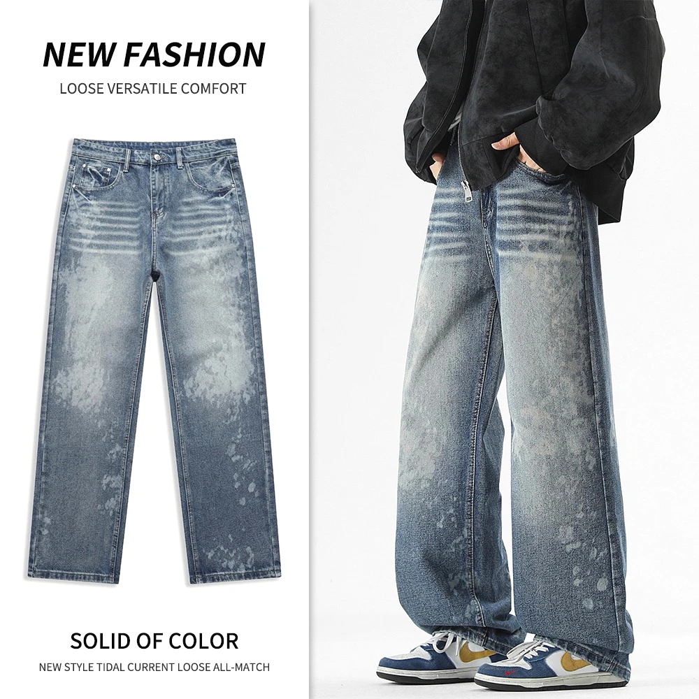 

2025 Autumn New Large Size American High Street Casual Loose Wide-Leg Straight Ink Painting National Trend Unisex Denim Pants