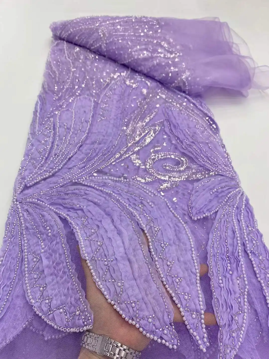 

Luxury African Beads Lace Fabric 2025 High Quality 5 Yards Nigerian Sequins French Tulle Fabric Material For Wedding Party