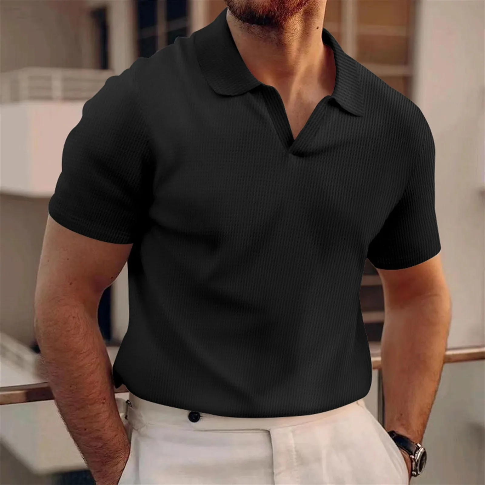 Men'S Casual V Neck Textured Shirts Slim Fit Solid Short Sleeve Cotton T Shirts Waf Fle Knit Soft  Casual Comfortable Tee