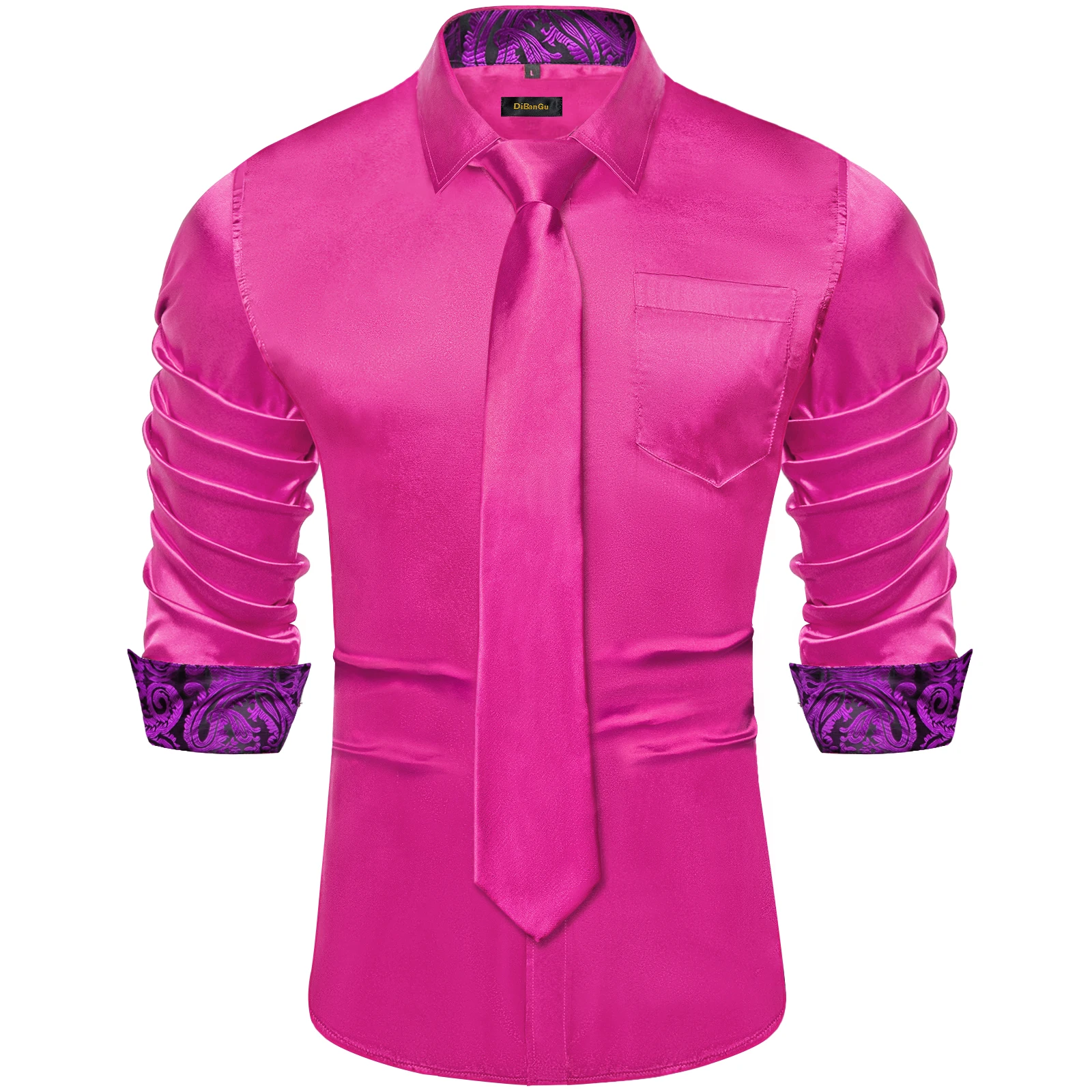 Hot Pink Designer Stretch satynowe koszule dla mężczyzn Floral łączenie kontrastujące kolory mężczyźni odzież z długim rękawem męskie koszule na przyjęcia towarzyskie