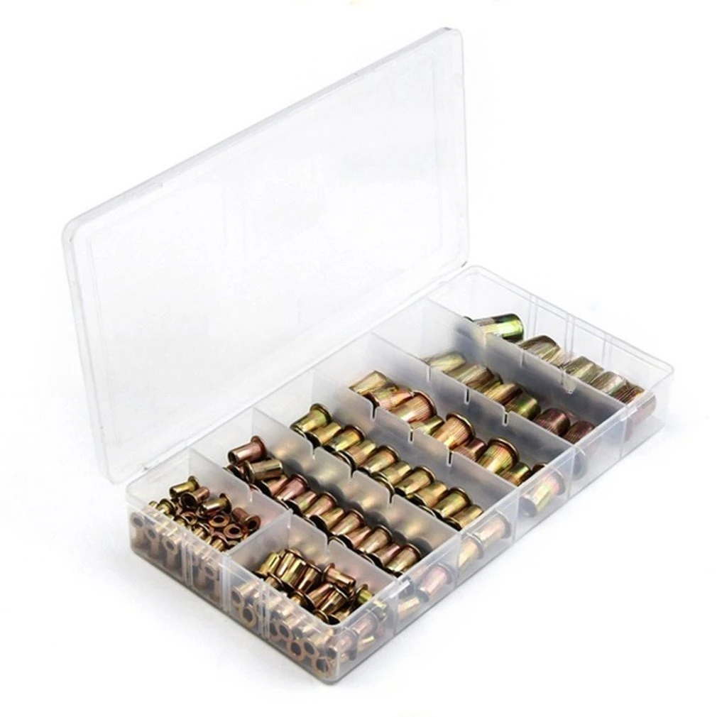 165PCS Boxed Color Zinc Carbon Steel Flat Head Rivet Nut Kit, Through Hole Knurled Threaded Insert Nuts Assortment