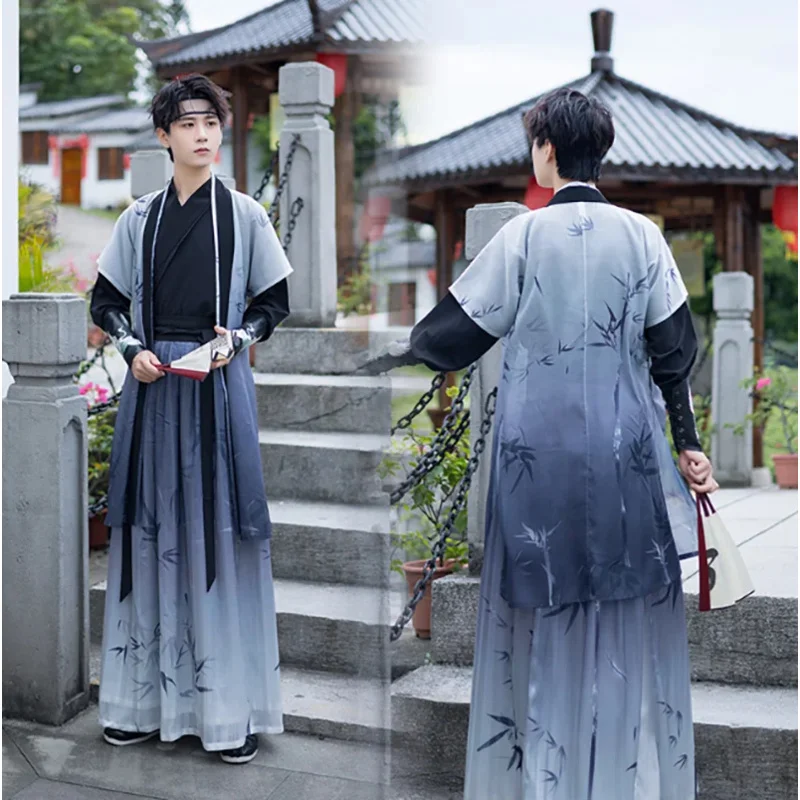 Ancient Chinese Hanfu men Carnival cosplay costume embroidered Hanfu gradient blue sets outfit for men women plus size 4XL