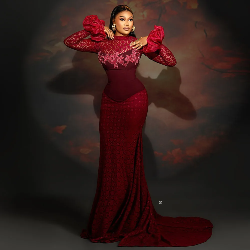 

Red Evening Dresses Long Sleeves Lace African Mermaid Wedding Party Dress Occasion Prom Dress Customized