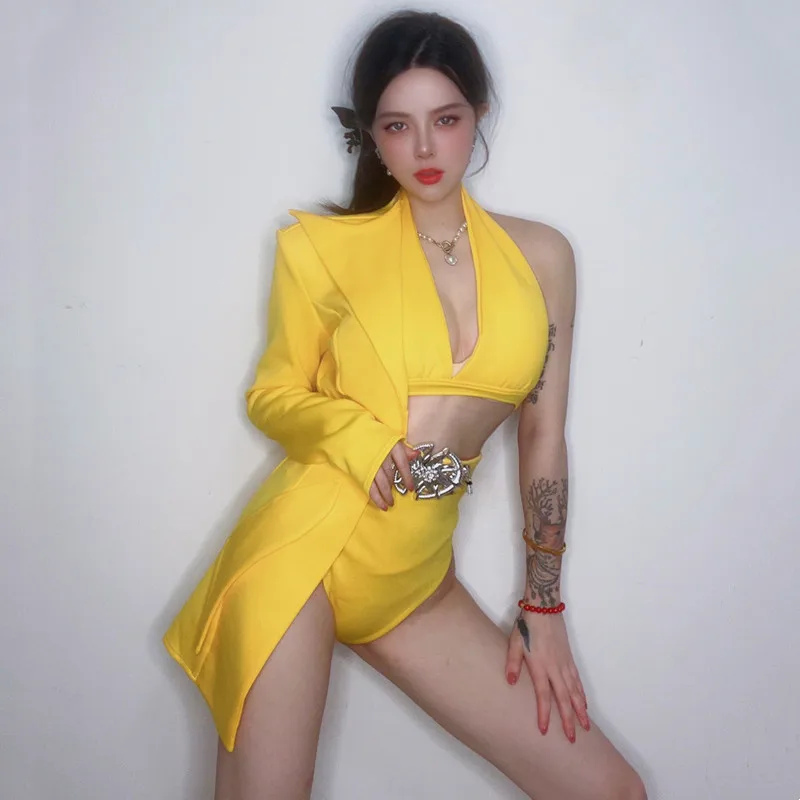 Yellow Irregular Blazer Bikini Women Modern Jazz Dance Team Costume Nightclub Bar DJ Singer Gogo Dancer Performance Stage Outfit