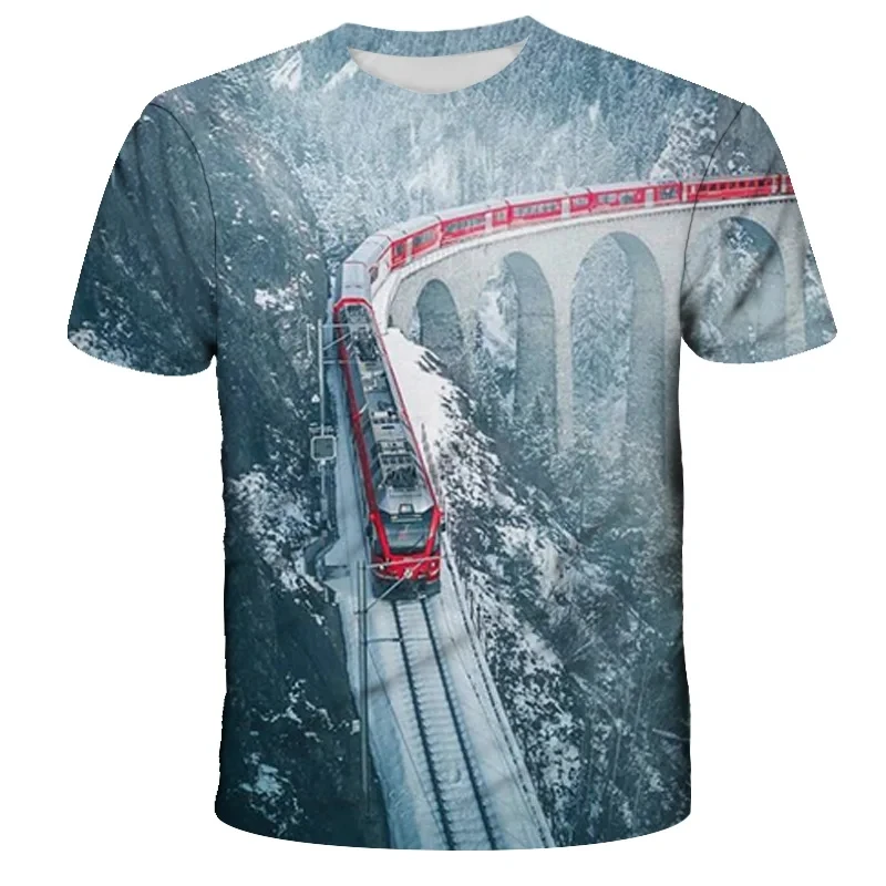 Fashion Trends Summer New Retro Train Engine Pattern Printed Men's T-shirt Street Fashion Cool Round Neck Plus Size Top