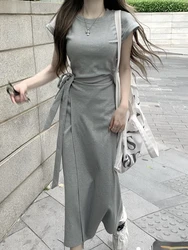 Y2k Elegant Vintage One Piece Dress Women Solid Casual Chic Midi Dress Female Korean Fashion Grey Lace-up Dress Summer 2024 New