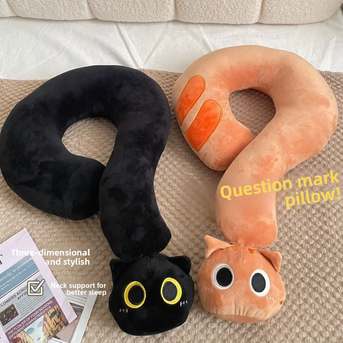 Cat Question Mark Neck Pillow Plush Cat Neck Pillow Cute Cartoon U Shaped Travel Pillow Soft PP Cotton Throw Pillow For Car Offi
