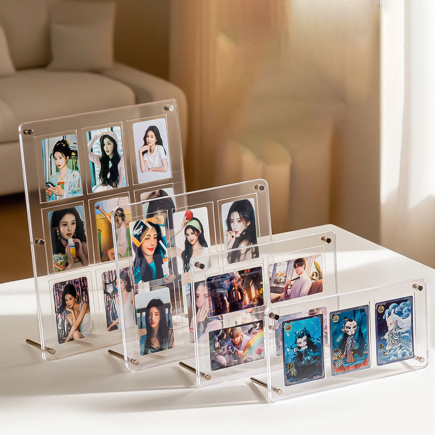 Acrylic Photo Frame Display Stand 3 Inch Clear Grid Case, Polaroid Photocard Badge Card Picture Holder Desktop Showcase Custom