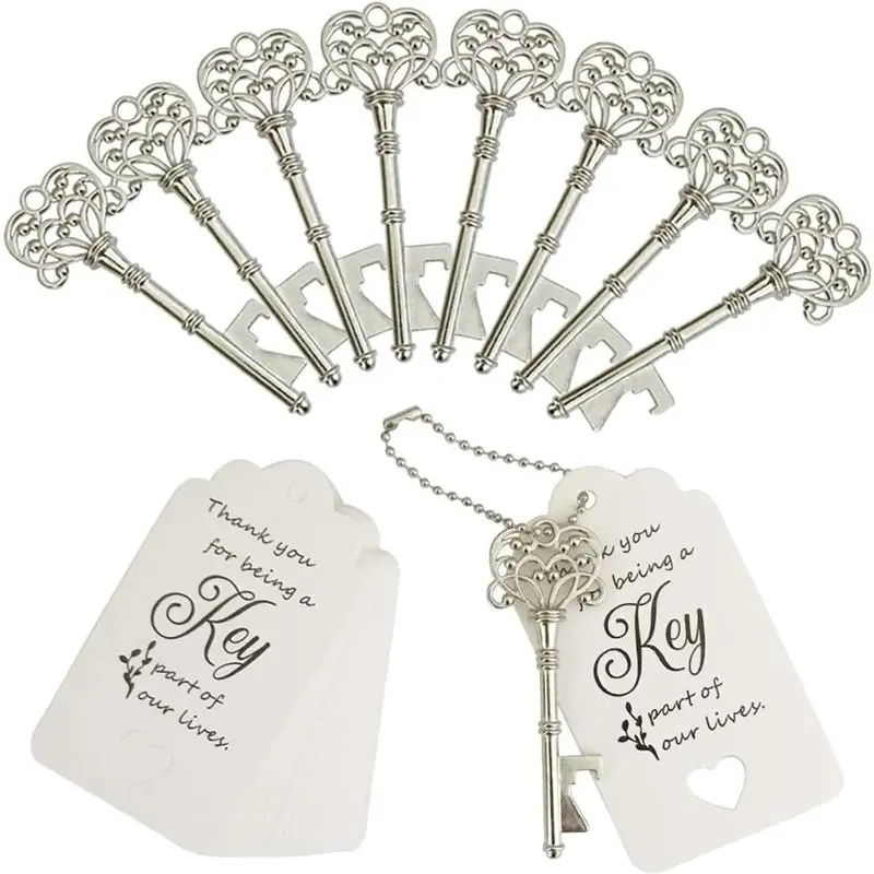 A96K-Wedding Favor Set 1Set Vintage-Style Key Bottle Opener Includes Place/Thank-You Cards& Chains