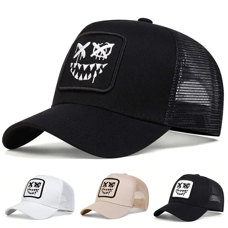 Homens e mulheres Sorridente Rosto Bordado Baseball Mesh Cap, Adulto Chapéu de Caminhão, Outdoor Casual Sun Caps, Ajustável Sports Golf Hat, Dentes