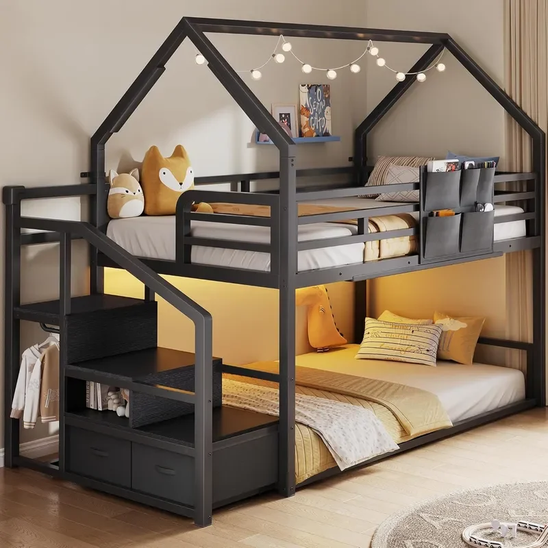 Metal Bunk Bed Twin Over Twin with Storage Staircase Clothes Rack LED Twin Bunk Beds for Kids with 2 Storage Drawers Full