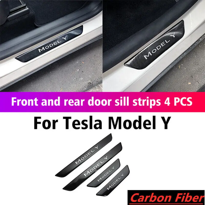 

4Pcs Carbon Fiber Pattern Stainless Steel Door Sill Scuff Plate Protector Strips Decoration Cover Pedal For Tesla Model Y