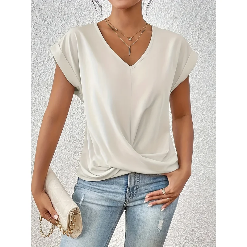 

Women's Short Sleeved Elegant Top - Solid Color-shirt - 2025 Spring/Summer New Item - Flying Sleeve Top