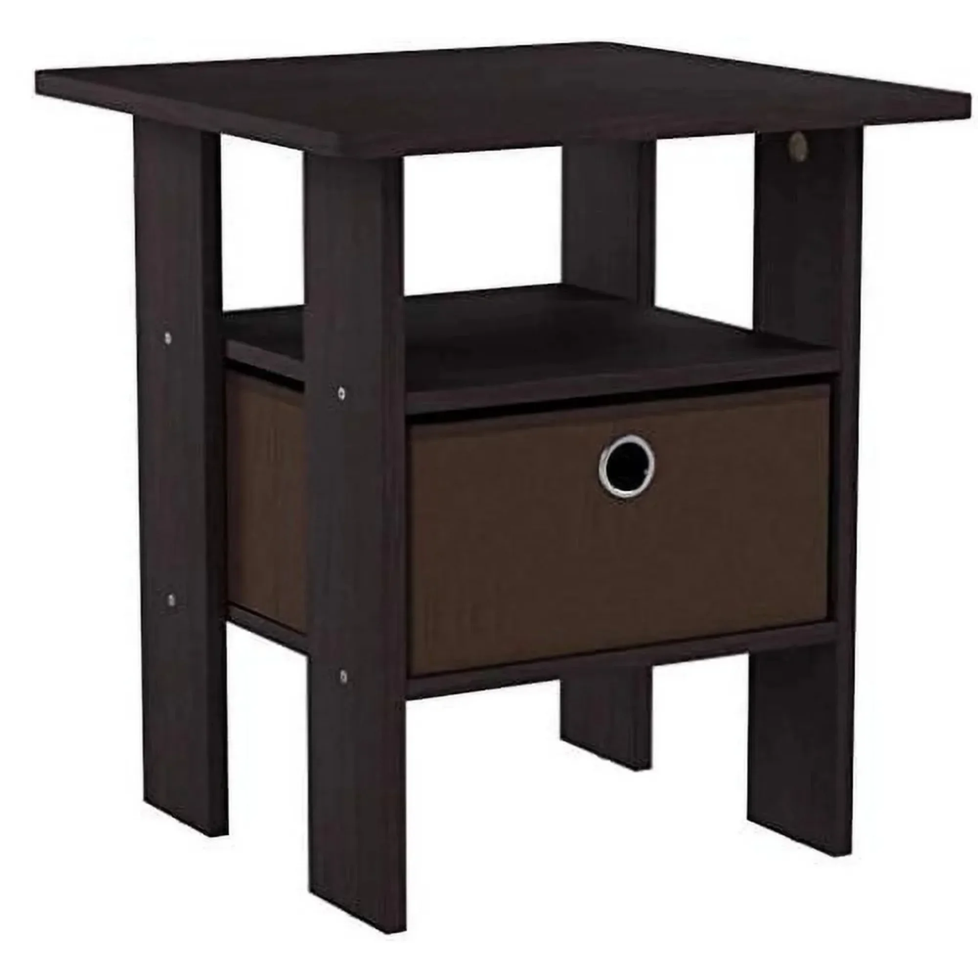 Dark walnut side table with drawers, a compact side table with storage boxes and shelves, suitable for small spaces