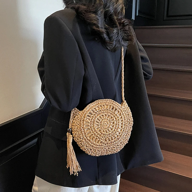Women Hollow Straw Bag Circle Rattan Bag Round Soft Paper Rope Shoulder Bag Tassel Summer Beach Handmade Crossbody Bags image 5