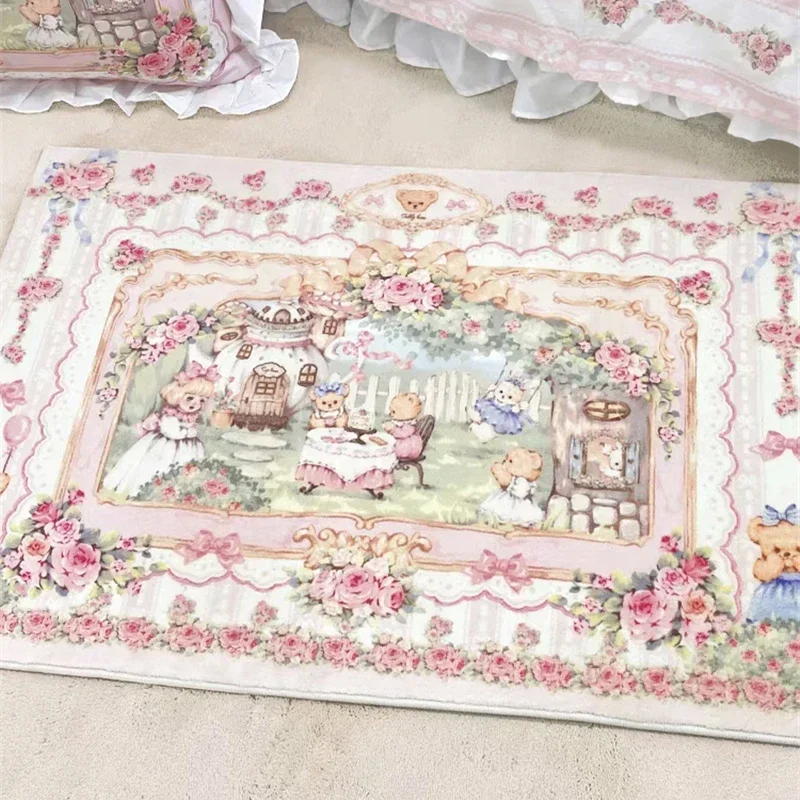 Bedroom Carpet Plush Bedside Rugs Pink Vintage Livingroom Carpet Floormat Bear Pastoral Rose Non-slip Doormat Home Decoration