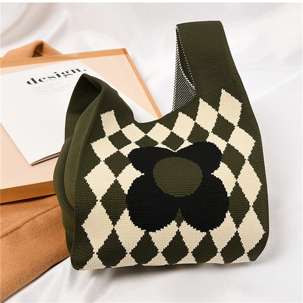 Geometric Flower Knit Handbag Women Korean Casual Plaid Wrist Bag Foldable Eco Shopping Bag Reusable Grocery Storage Tote Bag