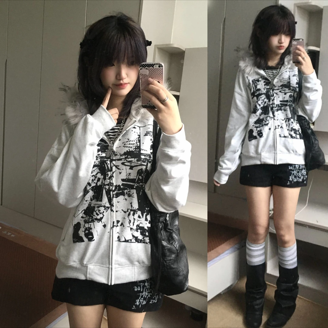 Y2K American Retro Sweatshirts Hoodie Faux Fur Zipper Long Sleeve Japanese Hrajuku Subculture Gothic Punk Style Streetwear