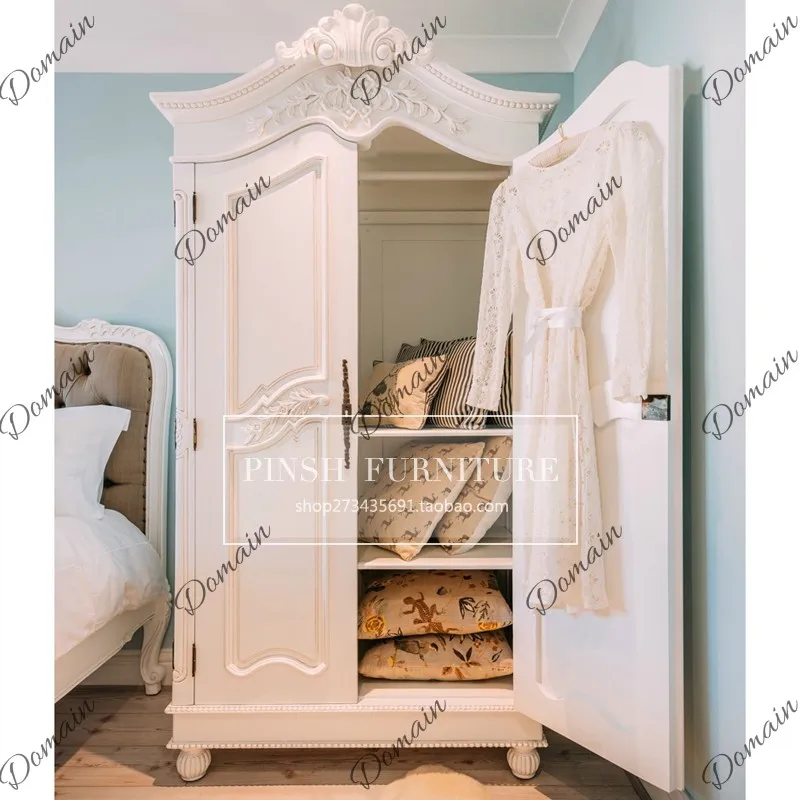French neoclassical solid wood wardrobe American retro carved old double door wardrobe bedroom children's white storage cabinet