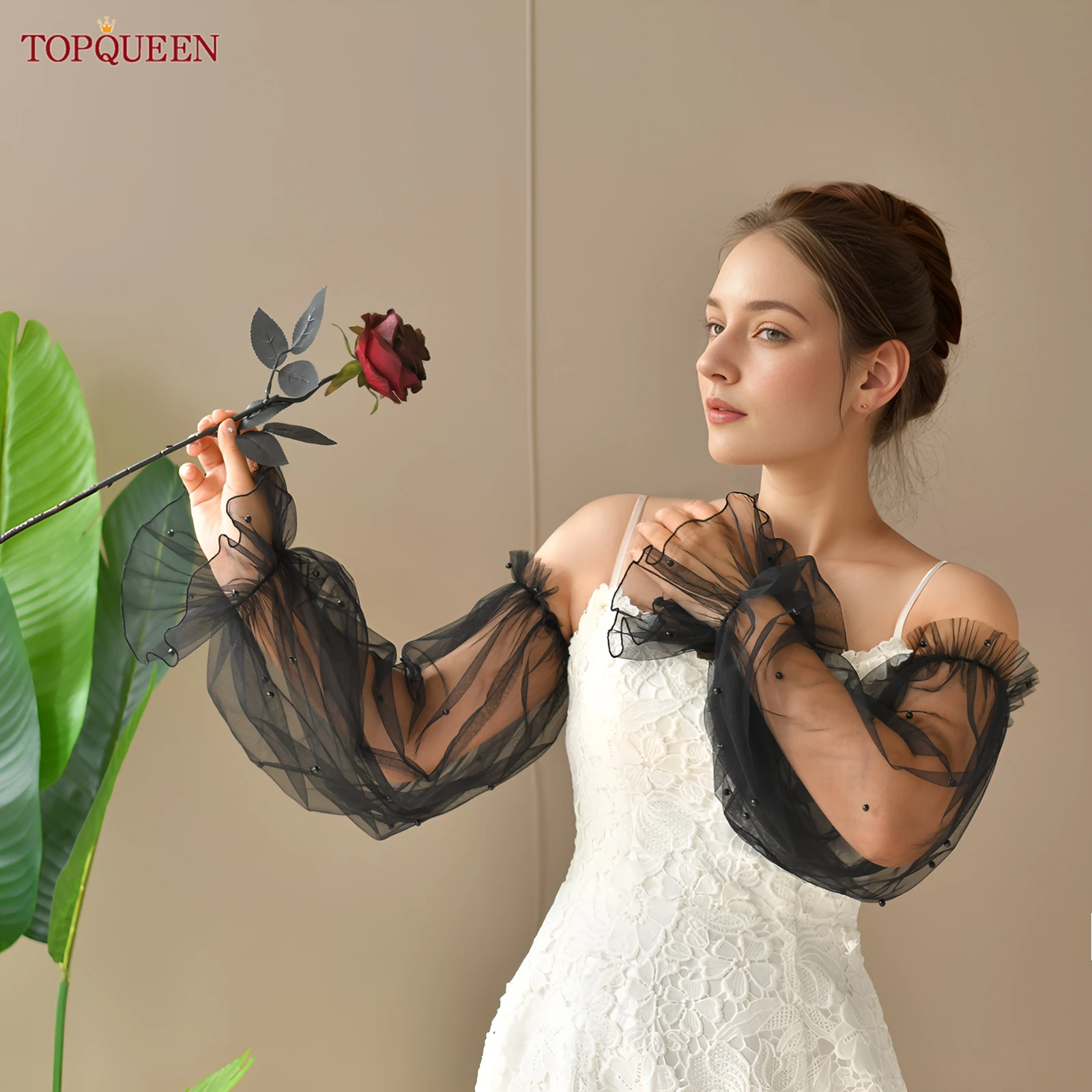 

TOPQUEEN Vm30 Тюлевые перчатки с жемчужным фонарем, съемные жемчужные тюлевые эластичные манжеты, элегантные рукава, свадебное платье, повязка на руку