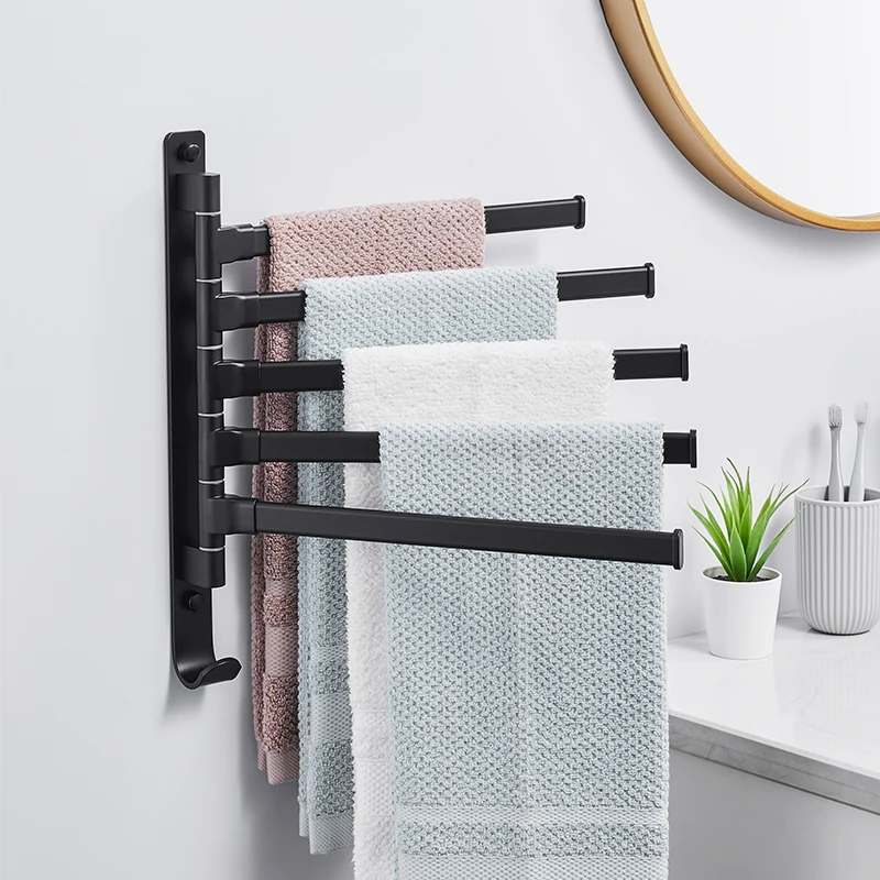 Black Bathroom 2/3/4/5 Arms Swivel Towel Bar Space Saving Swinging Towel Rack Wall Mounted Towel Holder with Hooks