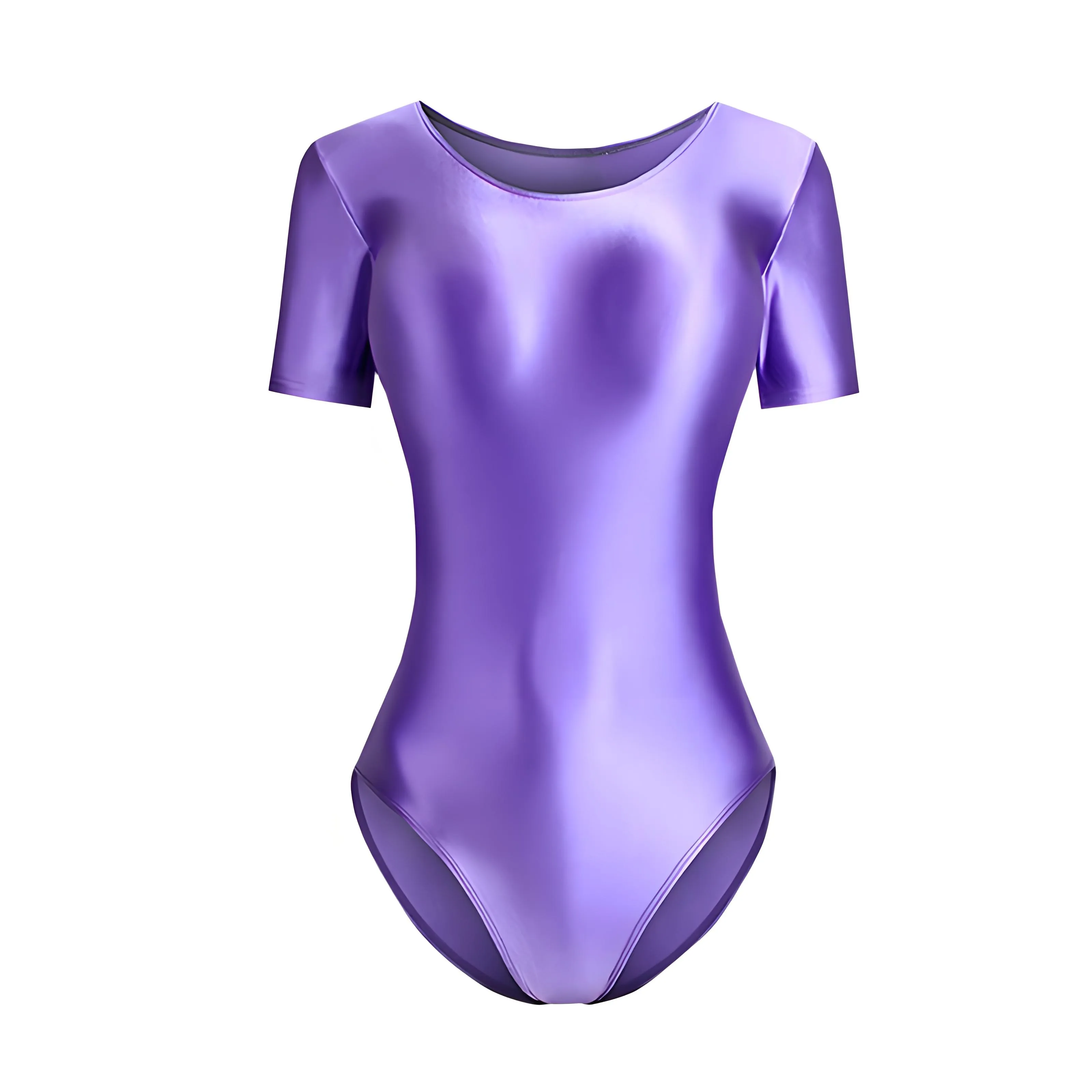 ملابس سباحة حريرية لامعة من قطعة واحدة بلون سادة ورقبة دائرية وأكمام قصيرة متصلة بين الرجلين