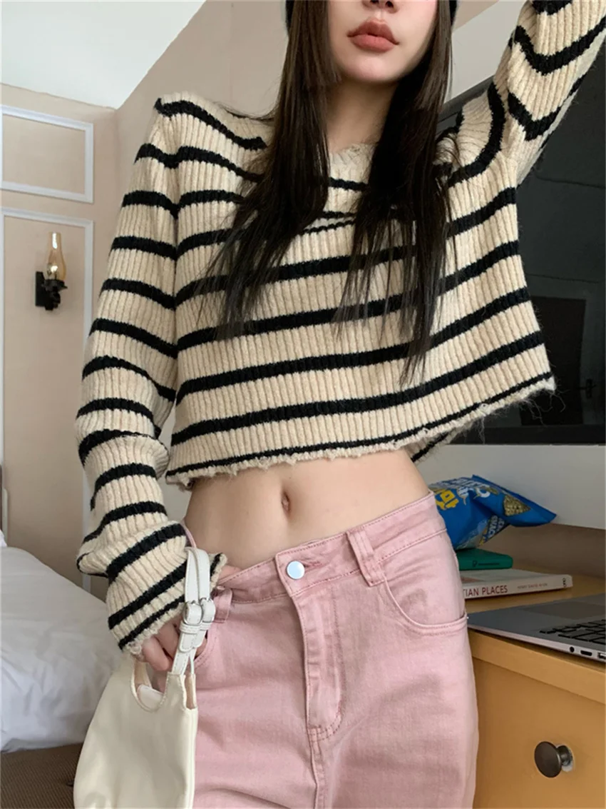 PLAMTEE All Match Sweaters Soft Women Chic Full Sleeve 2023 Loose Stripes Autumn High Waist Mujer Gentle Office Lady Pullovers