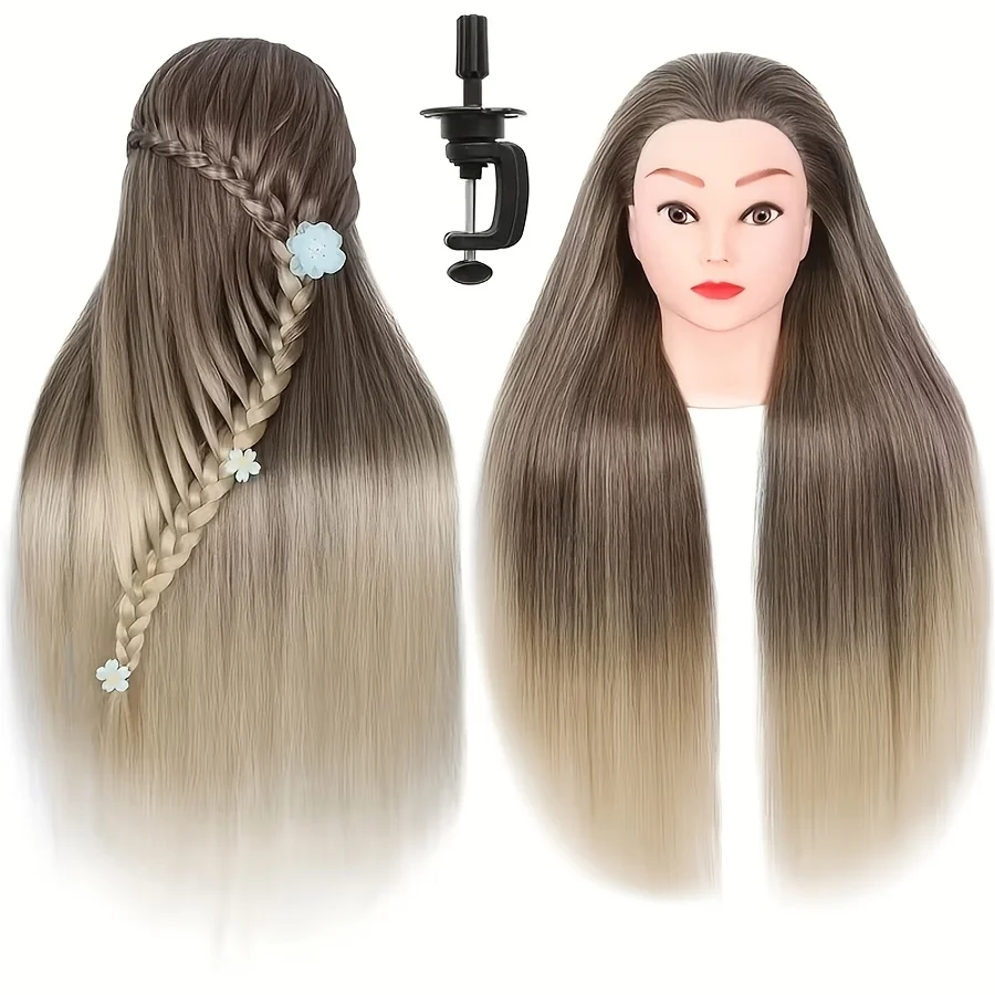 24 Inch Ombre Synthetic Hair Mannequin Head With Table Clamp Stand, Cosmetology Training Doll Head For Braiding Styling Cutting