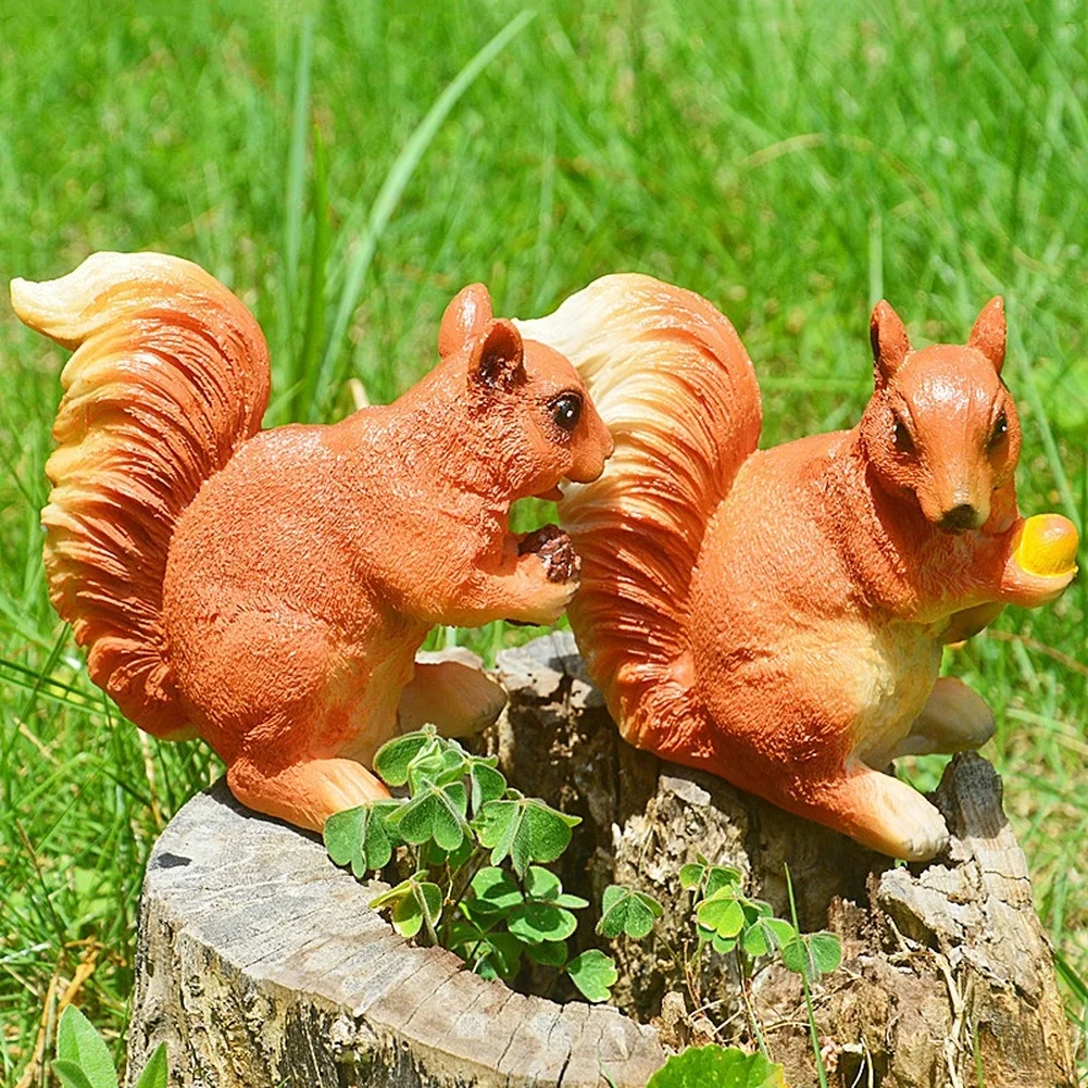 2pcs/set Resin Squirrel Figurines 11cm Brown Garden Statue Set For Yard Lawn Ornament DIY Miniature Landscape Craft Home Decor