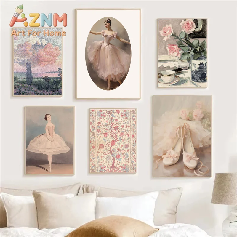 French Pink Ballet Girl Art Poster Vintage Flower Swan Horse Landscape Illustration Canvas Print Home Living Room Bedroom Dec