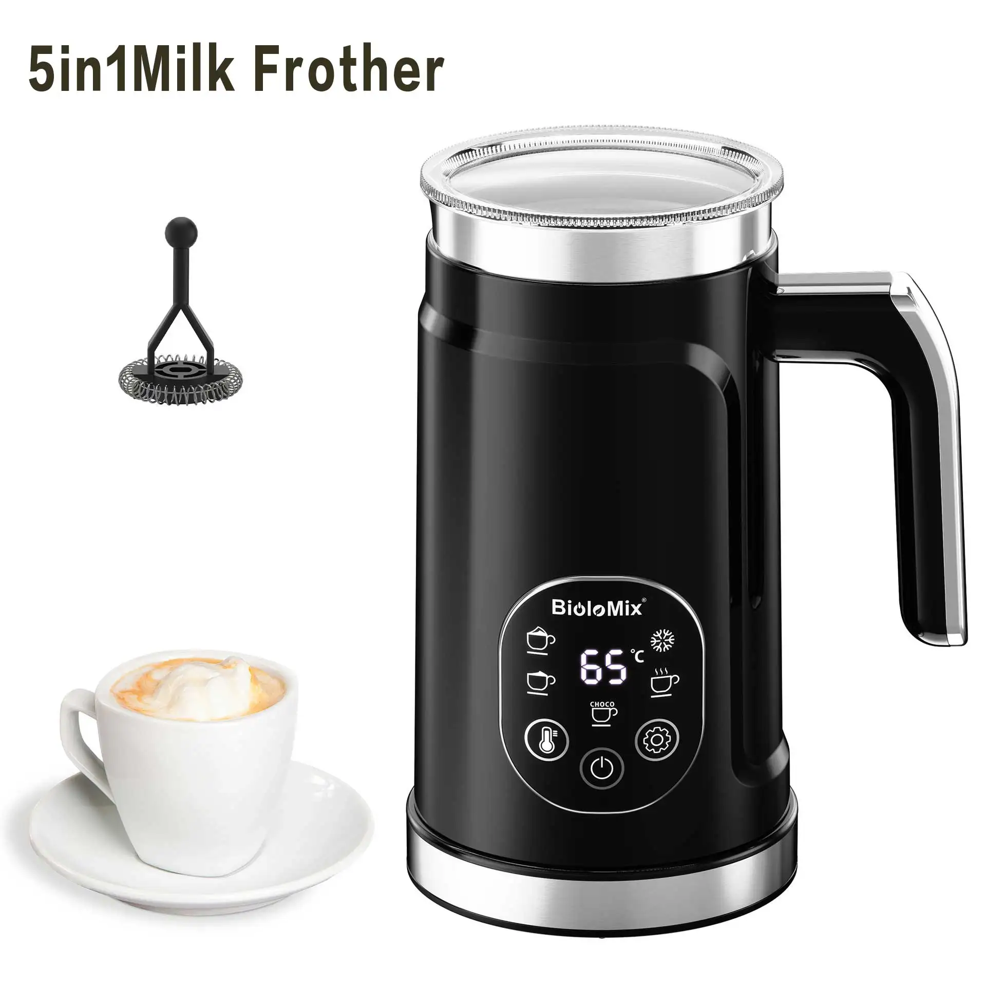 

Electric 5 in 1 mixer with upgraded touch screen LED display - Hot and cold milk frother thermos for lattes
