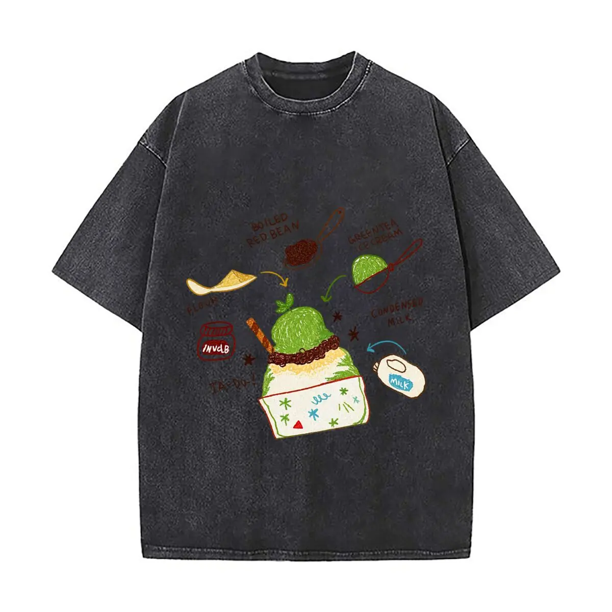 Boiled Red Bean Greentea Ice Cream Condensed Milk Flour Ta Da Dessert Illustration Vintage Distressed Loose Streetwear Tops