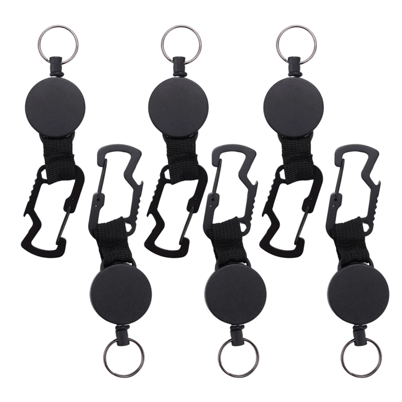 6 Pack Retractable Keychain - Heavy Duty Badge Holder Reel With Multitool Carabiner Clip, Up To 25 Inches,Black