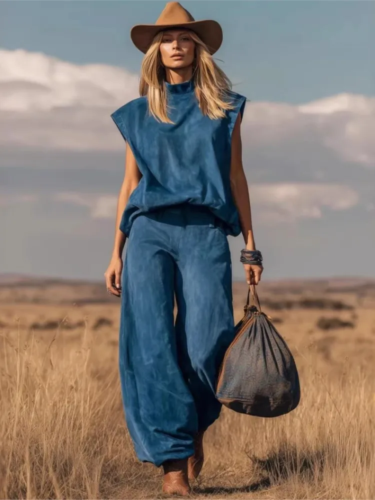 

Ретро-костюм в уличном стиле для женщин: модный однотонный топ без рукавов свободного кроя в сочетании с повседневными брюками с завязками на штанинах, комплект из двух предметов