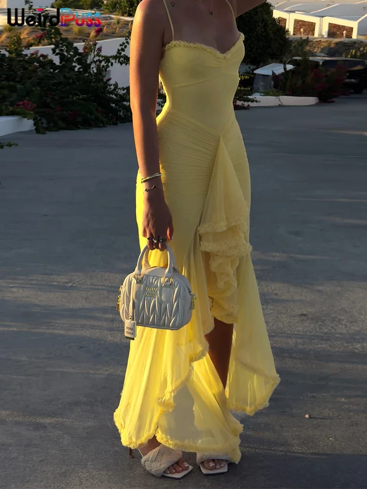 Strano Puss Ruffles Vestito dalla fasciatura Donna Sexy Backless Senza maniche Nappa Collo in pizzo Vedere attraverso le fessure Orlo Prom Party Lungo aderente