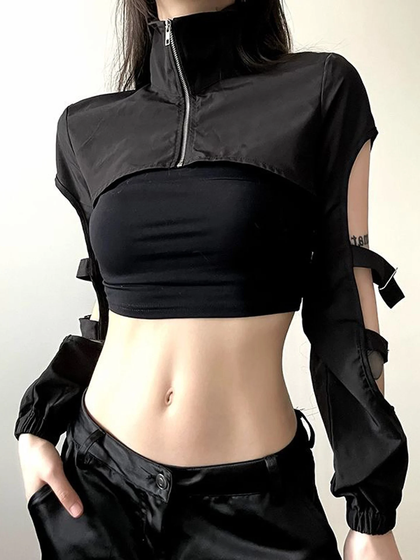 Fashionable Short Super Short Coat for Women Dark Style Trendy Girl Functional Zipper Design Autumn Cover up Straight Tube Shape