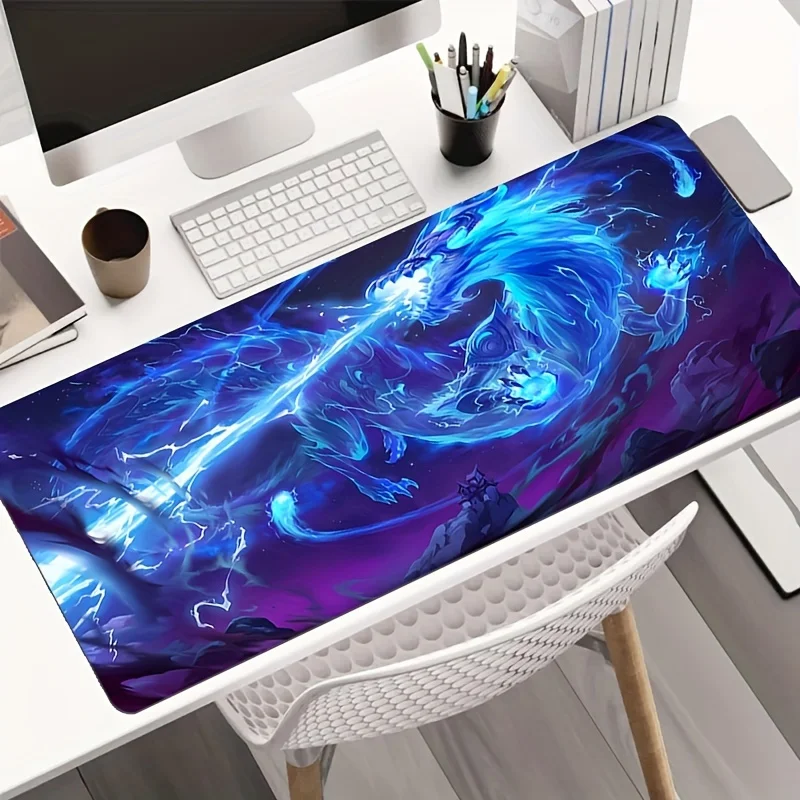 Large Gaming Mouse Pad with Blue Dragon Design - Extended Desk Mat, UV Reactive, Glowing Effect under Black Light, Polyester