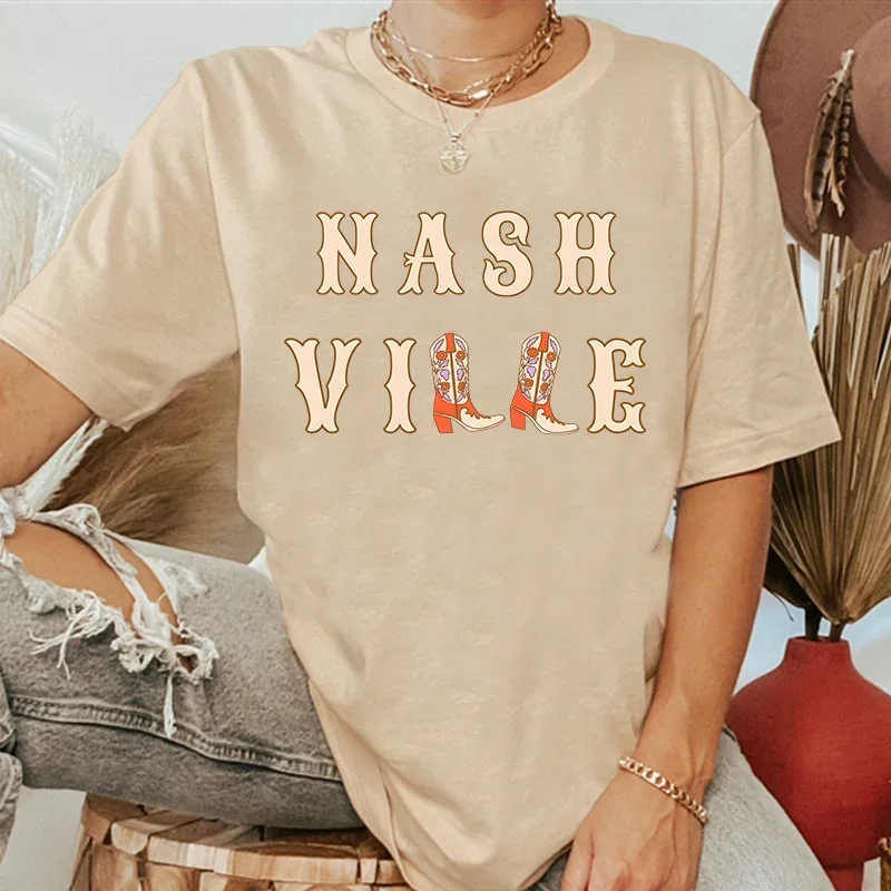 Nashville Cowgirl Boots Women T-Shirt Cotton Vintage Western Shirt Summer Short Sleeve Tee Top Women Country Concert Tshirt