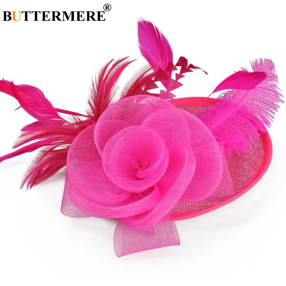 

BUTTERMERE New Design Women Party Hat Rose Red Fedora Ladies Feather Elegant Cap Flower Mesh Bride Hat Dance Fashion Wedding