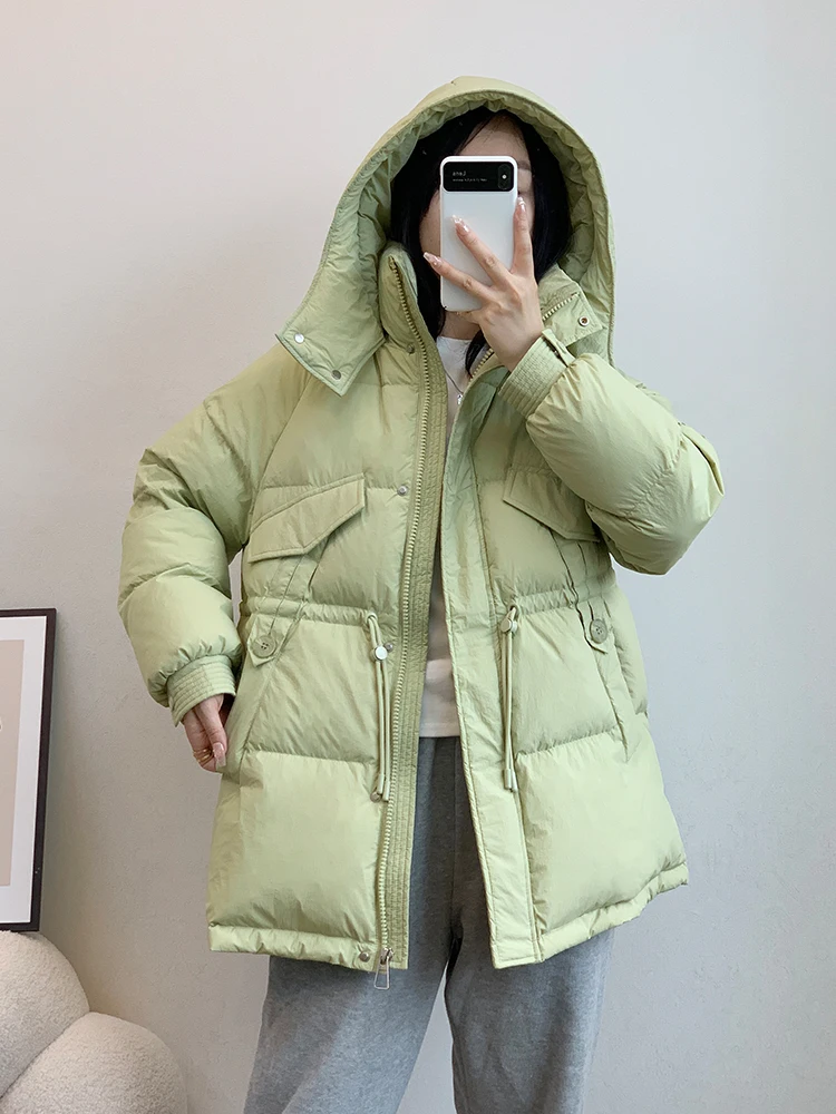 Kapuze Winter jacke Frauen Parkas neue koreanische Langarm Reiß verschluss taschen Kordel zug Mantel verdicken warme Oberbekleidung feste Mäntel