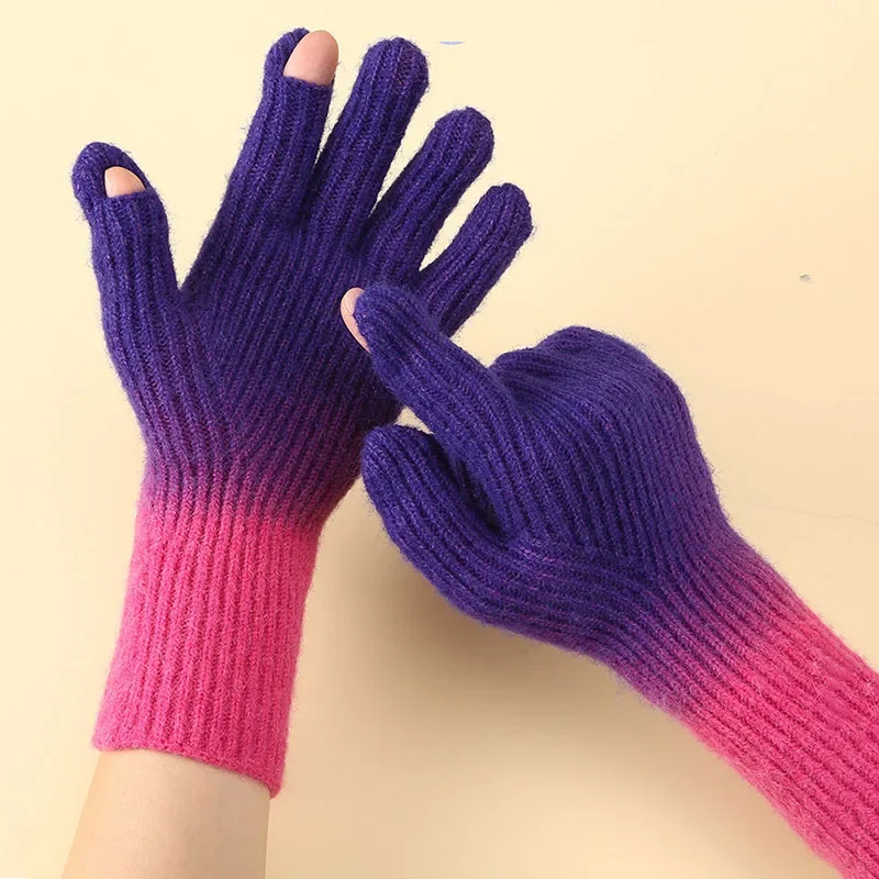 

Women Fashion Gradient Cashmere Gloves Winter Warm Knitted Arm Mittens Touch Screen Gloves Outdoor High Quality Glove Unisex