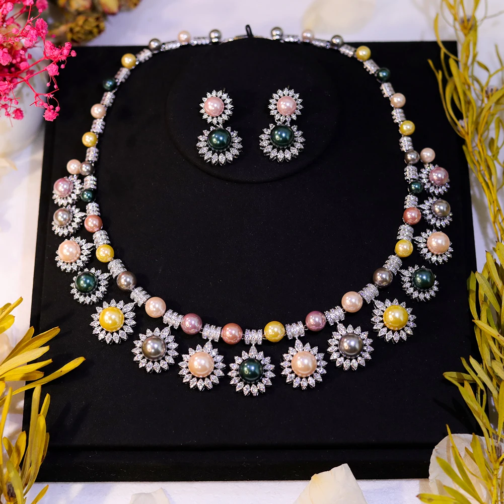 

New Luxury Quality 2-piece Zirconia Big Tassel Pearl Necklace Dress Sets Accessories Dubai Bridal Wedding Jewelry Set For Women