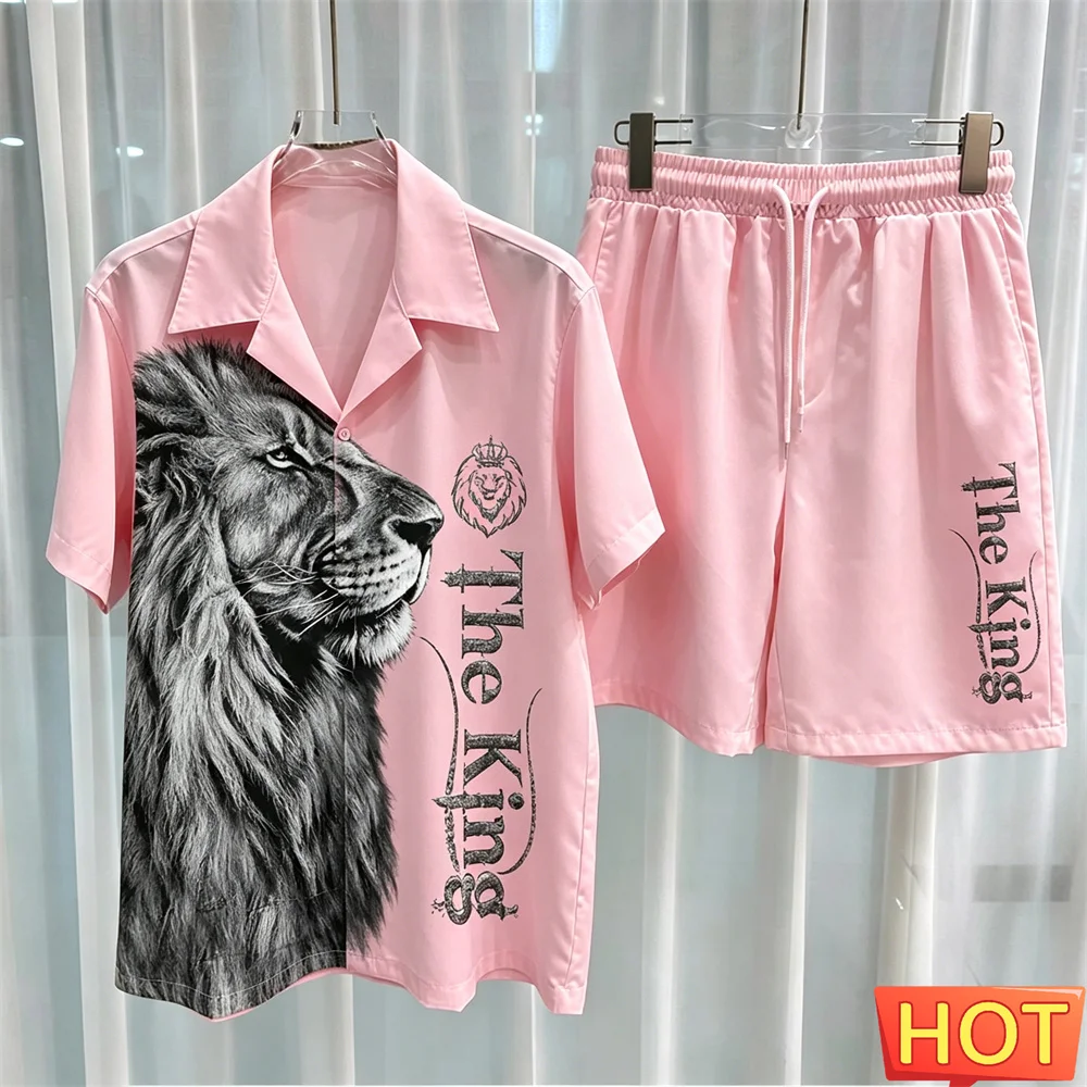 Men's Sports Suit 3D Three-Dimensional Lion Outdoor street men shirt and shorts set Leisure Two-Piece Suit Plus Men's shirt set