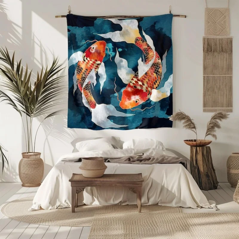VIKAMA Chinese Koi Watercolor Tapestry Bedroom Living Room Decortion Polyester Wall Hanging Retro Art Home Decor